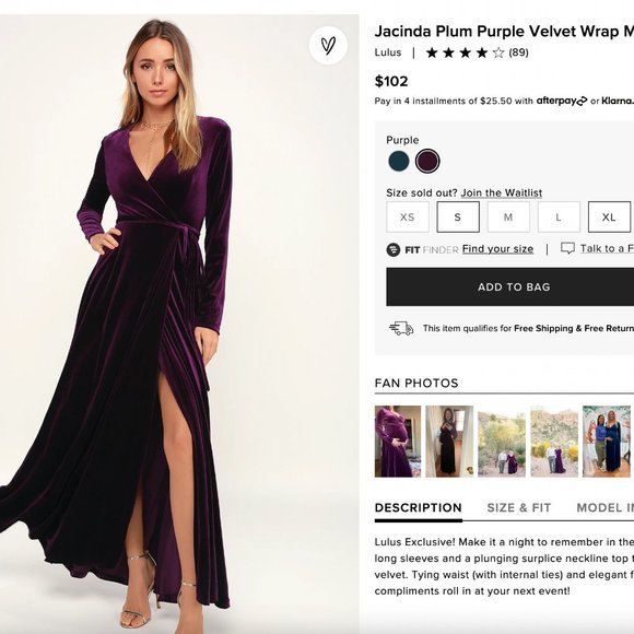 LULUS JACINDA velvet maxi dress long sleeve in size s | new with tags | purple - Picture 5 of 5